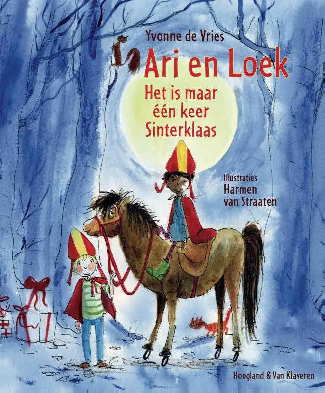 Een vrolijke kinderboekenkaft van het boek één keer sinterklaas met een bruin paard en kind in rode cape