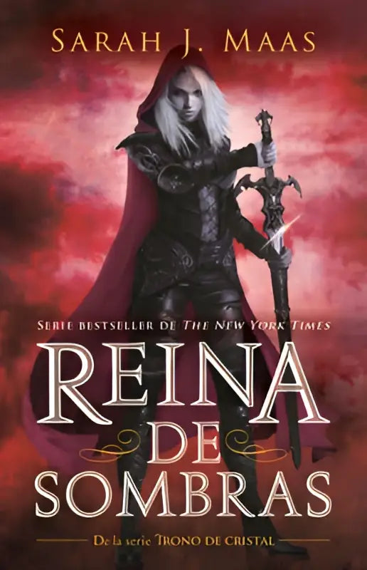 De boekcover van Maas s Reina de Sombras toont een donkergepantserde figuur met wit haar en een rode cape