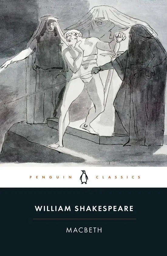 Zwarte hardcover van macbeth met grijsschaalse illustratie op de cover uitgegeven door penguin classics