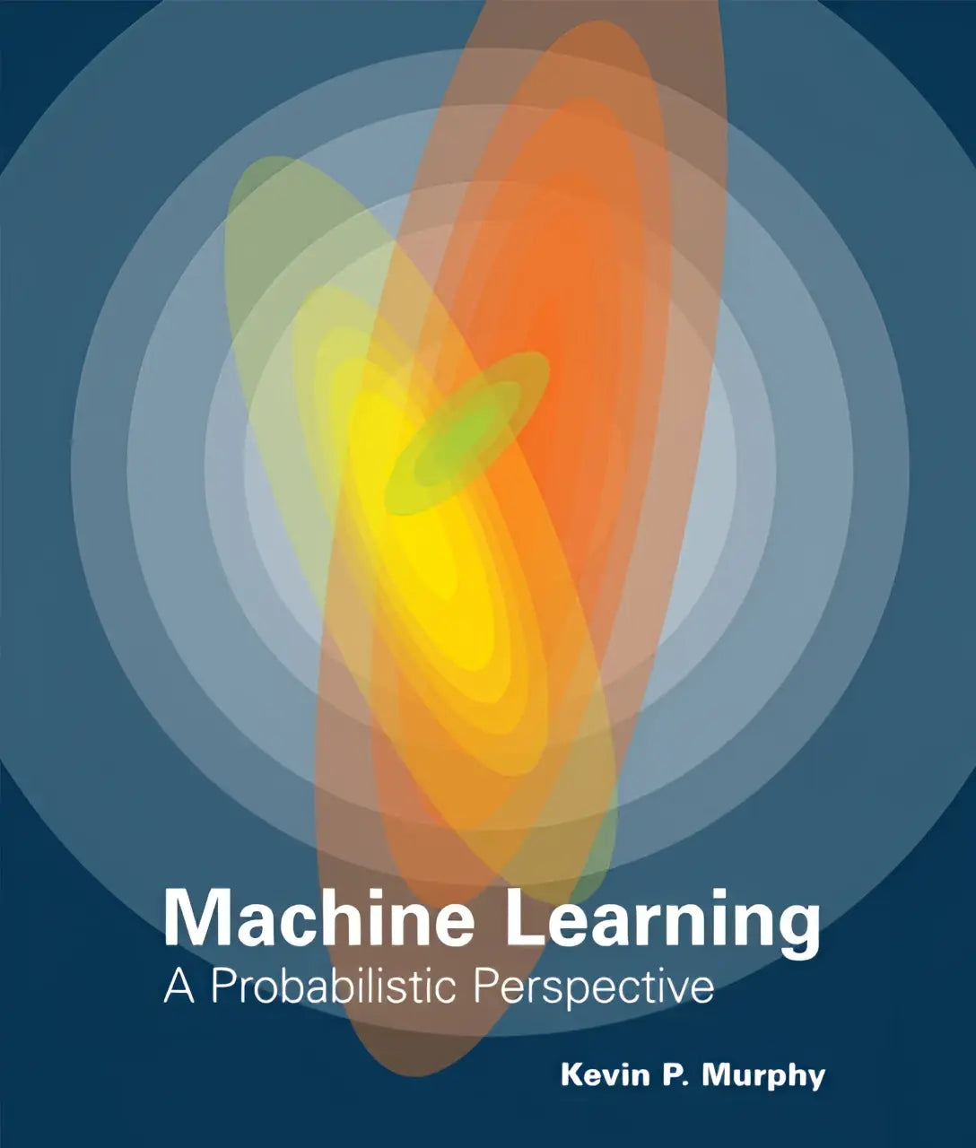 De boekcover van machine learning a probabilistic perspective toont een abstract ontwerp met oranje en gele vormen en blauwe cirkels