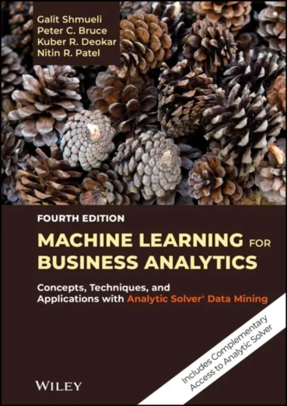 De machine learning voor business analytics boek cover heeft een donkere bruine achtergrond met gele titel en auteurs galit shmueli en peter c