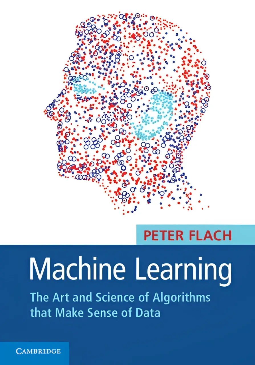 De machine learning boekcover toont een hoofd in rode, blauwe en witte stippen als kunst en wetenschap van algoritmen