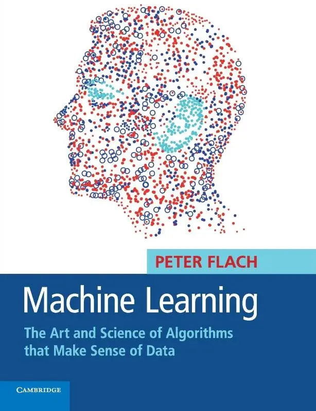 Machine learning the art and science book cover with red blue and white dotted human head silhouette design