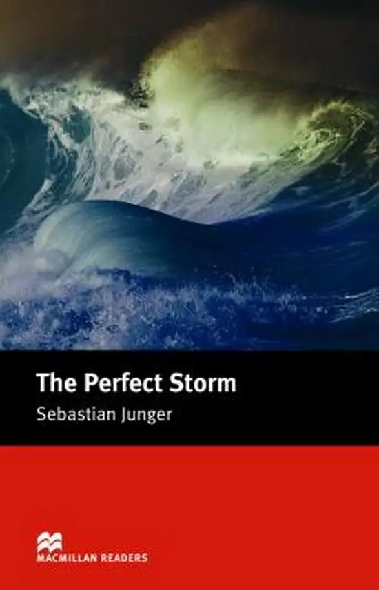 Hardcover edition of macmillan readers intermediate the perfect storm with a dramatic ocean wave and red bottom panel focusing on the swordfishing