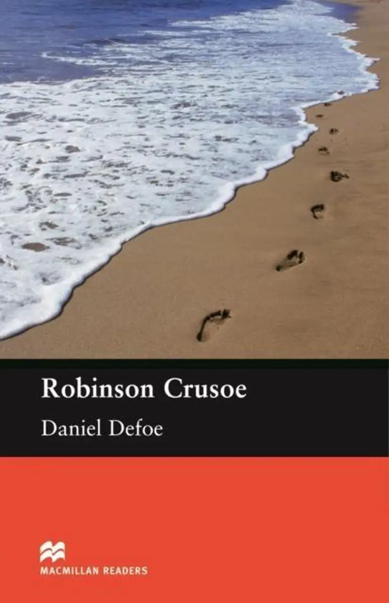 De boekomslag van robinson crusoe door daniel defoe uit de macmillan readers serie voor pre-intermediate lezers