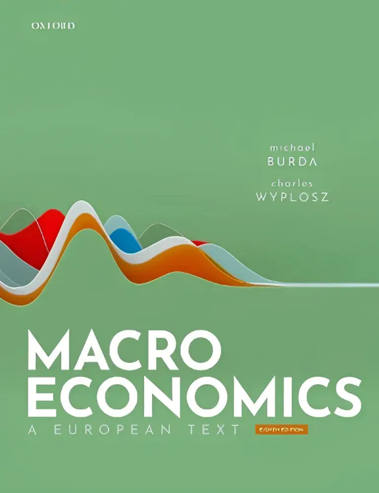 De cover van het macro-economieboek van oxford met een abstracte golf in rood, oranje, blauw en wit voor humboldt university