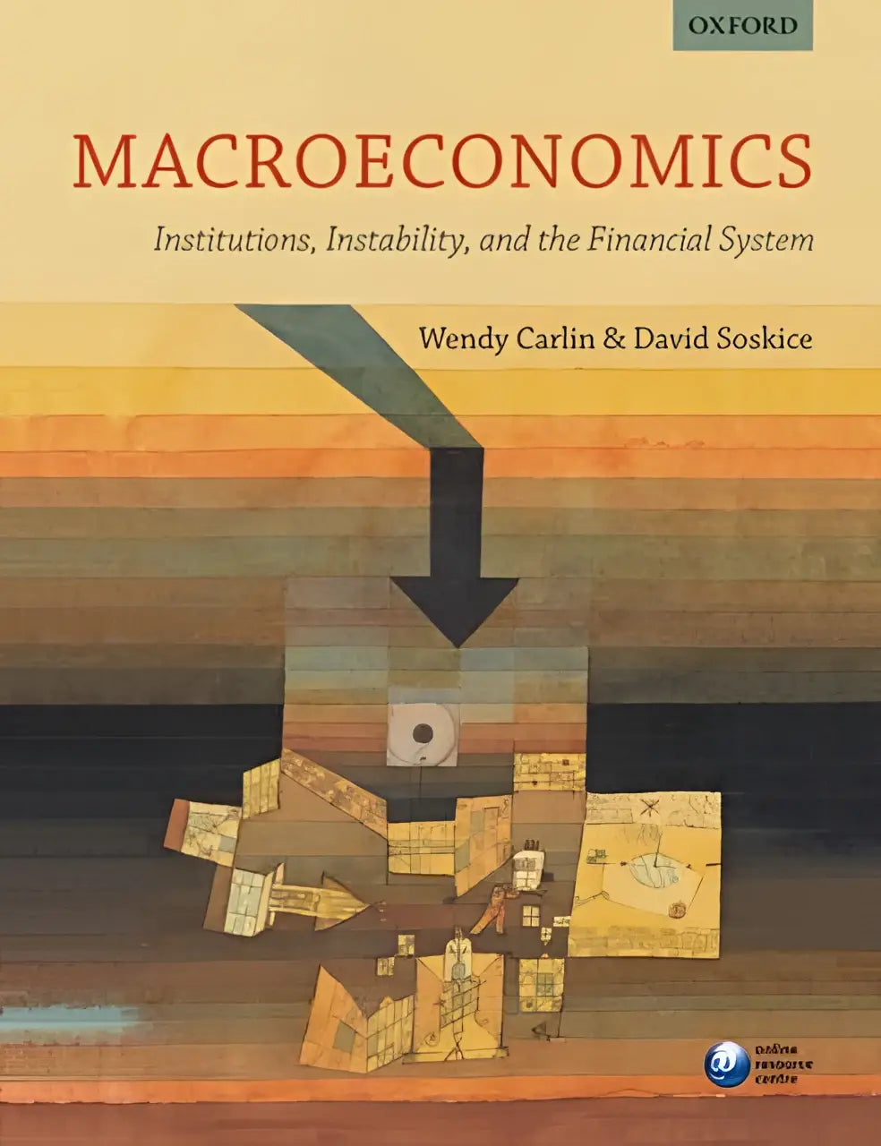 Macroeconomics textbook by oxford university press with orange brown stripes and an illustration of the financial system