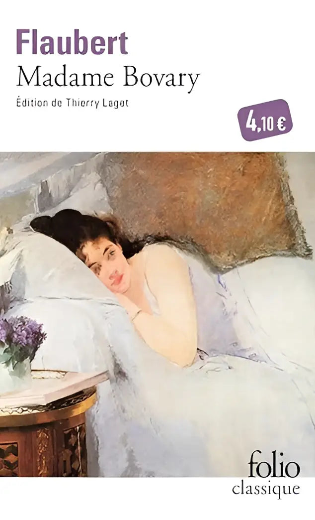 De folio classique editie van madame bovary met zachte aquarelillustratie van vrouw in wit beddengoed en paarse vaas