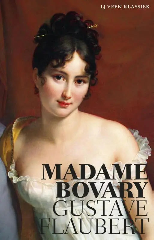 Cover van madame bovary door gustave flaubert met elegant portret van vrouw in witte off shoulder jurk met goudkleurige rand