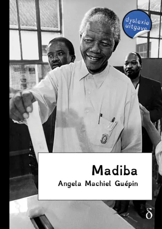 Zwart-witte boekcover met foto van nelson mandela in licht overhemd met titel madiba en auteur machiel guepin
