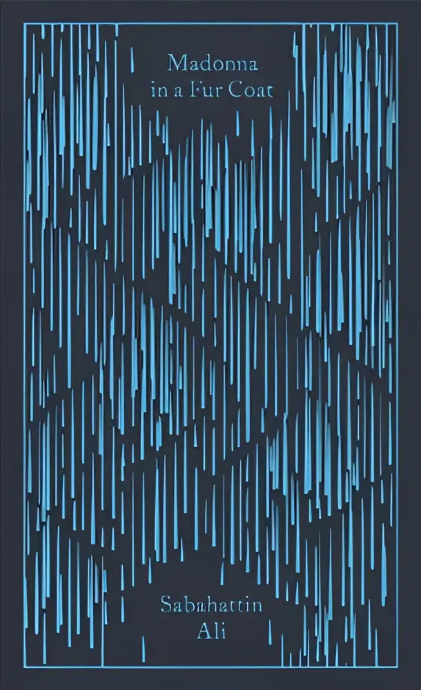 De boekomslag van madonna in a fur coat door sabahattin ali toont een minimalistich ontwerp met blauwe lijnen in clothbound classics editie
