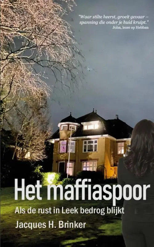 Het maffiaspoor boekcover toont een geelbruine woning met verlichte ramen in een sneeuwrijke nacht in leek bedrog