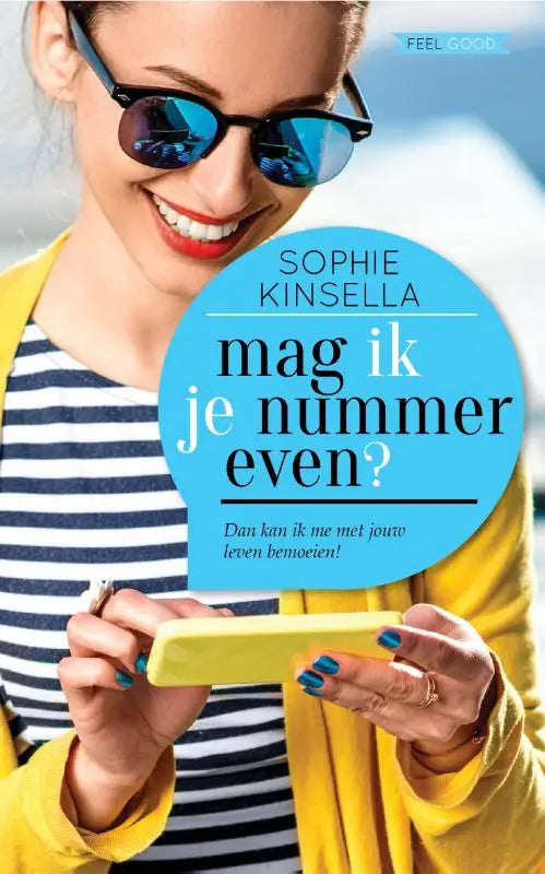 Gele smartphone vastgehouden in handen voor de nederlandstalige romantische komedie sophie kinsella mag ik je nummer even