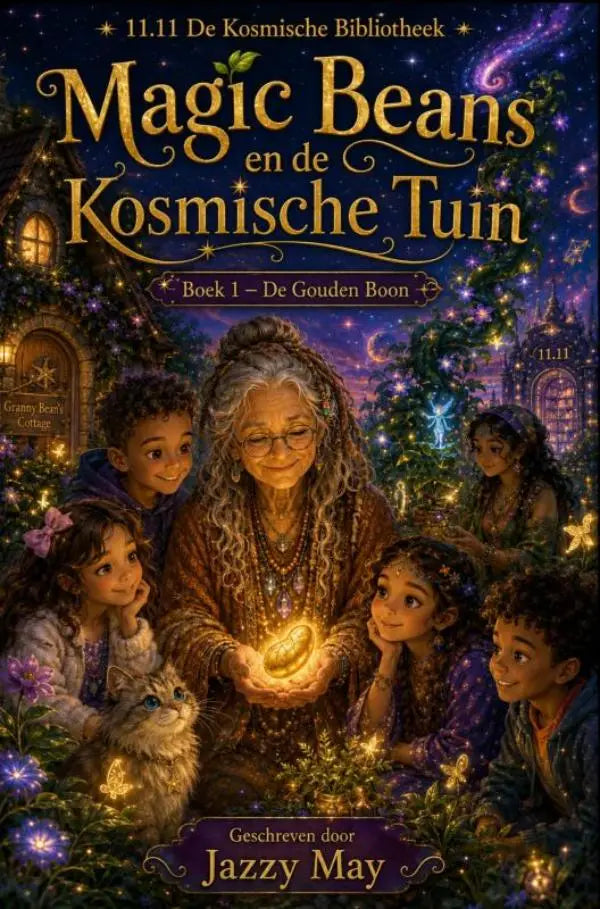 De cover van het kosmische tuin boek magic beans met een grootmoeder die een gouden boon vasthoudt omringd door kinderen