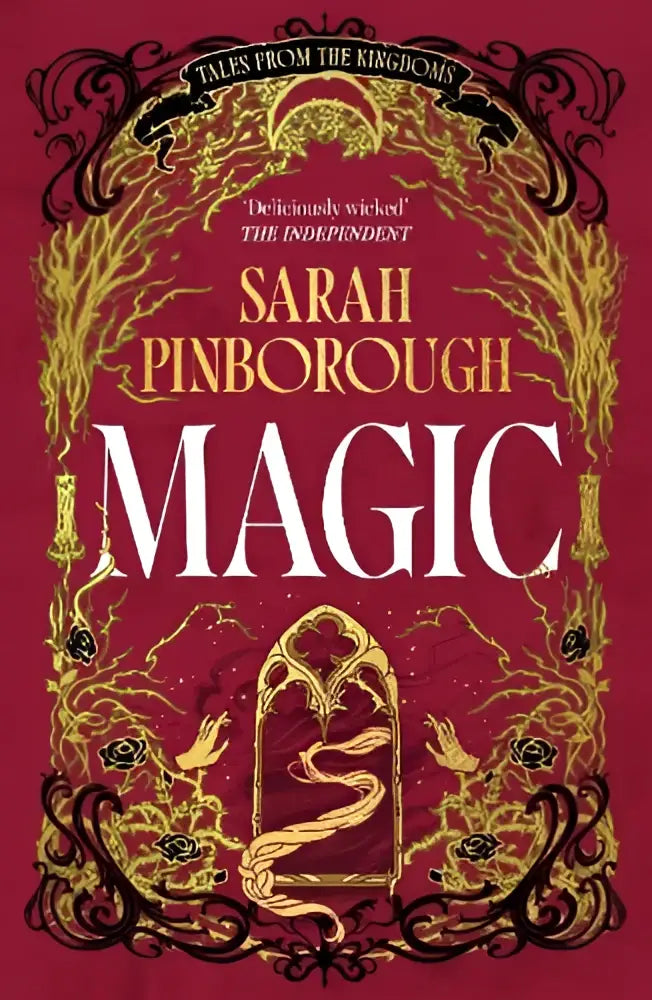 De roman magic toont een fantasy romance retelling van rapunzel met een karmozijnrode omslag en gouden illustraties