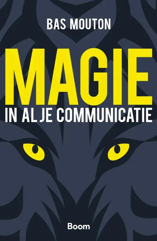 Donkerblauw boek met een gestileerd zwart tijgergezicht met gele ogen voor magie in al je communicatie