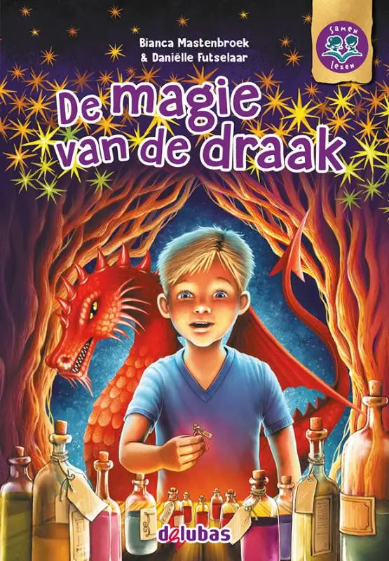 Cover van het kinderboek de magie van de draak door bianca mastenbroek met jongen en rode draak