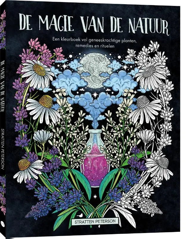 Een levendig illustratief kleurboek de magie van de natuur met een paarse toverfles en geneeskrachtige planten