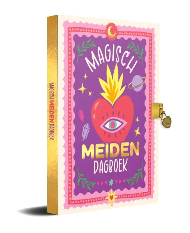 Een magisch meiden dagboek in paars en roze met een gouden slot en magische motieven zoals een oog in een hart sterren planeten en bladeren