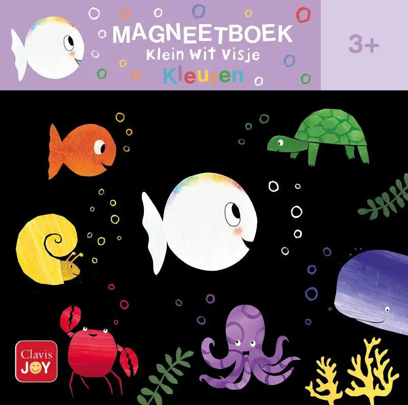 Kleurig magneetboek klein wit visje met cartoon zeewezens zoals vis, schildpad en octopus op zwarte achtergrond