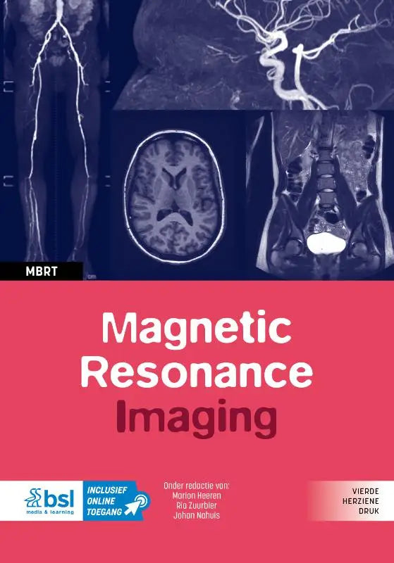 De cover van het medische leerboek magnetic resonance imaging toont vier grijstints scans op een donkerblauwe achtergrond