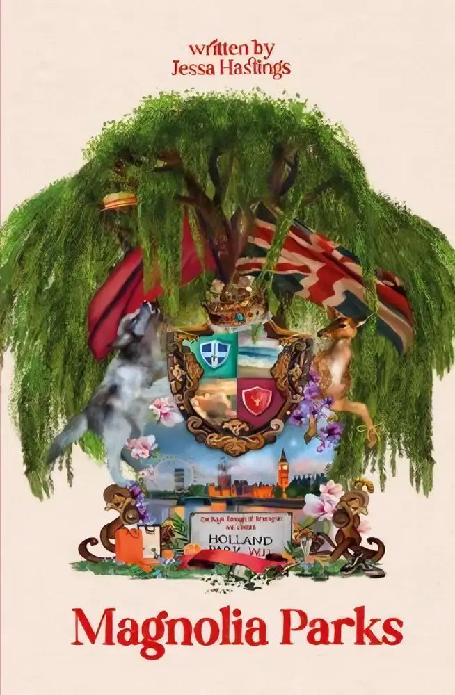De boekcover van magnolia parks book 1 toont een levendig ontwerp met groene wilgentakken en een rijk versierd wapenschild