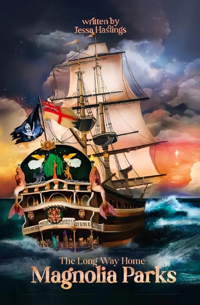 Een grandioos meerdeks zeilschip met witte zeilen en goudkleurige details in magnolia parks the long way home boek 3