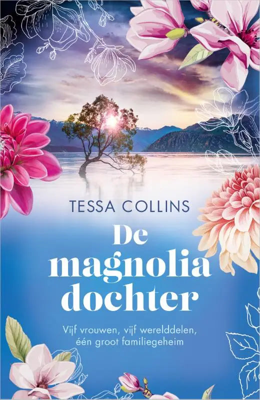 De magnoliadochter boekcover toont een serene meer landschap met vijf vrouwen vijf werelddelen en één groot familiegeheim