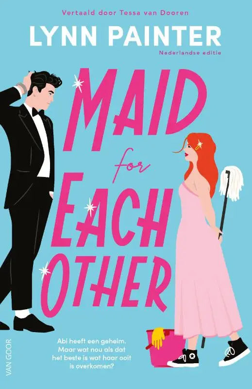 Roze geïllustreerde boekcover van maid for each other met man in zwart smoking en vrouw in roze jurk met dweil