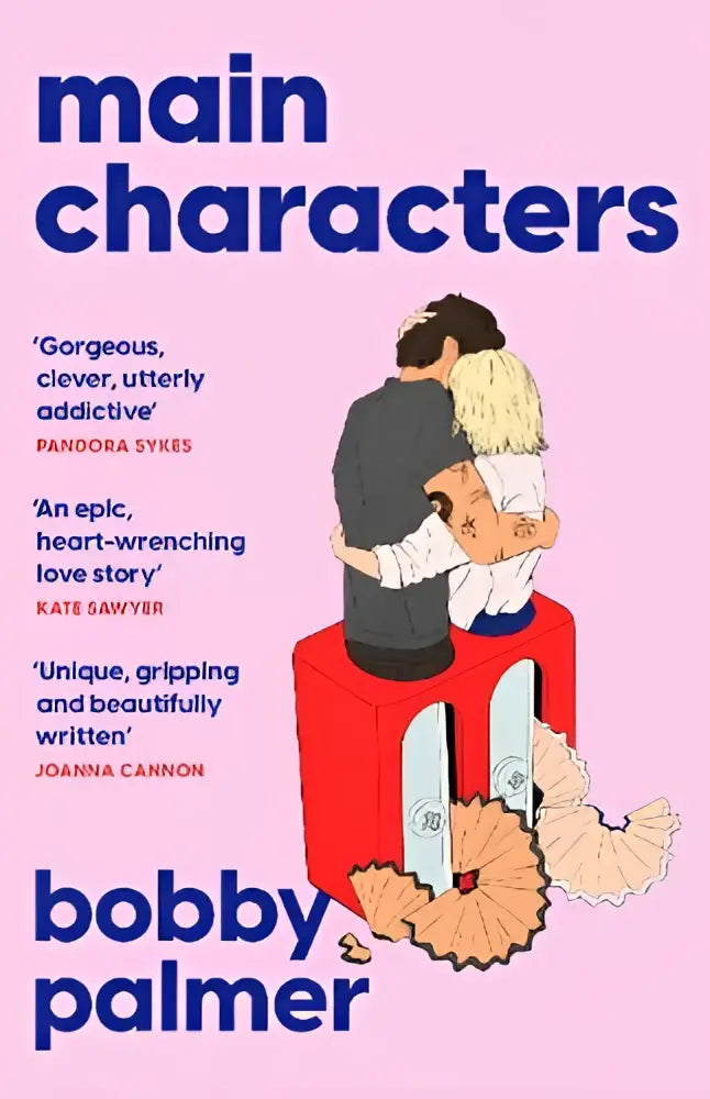De boekcover van main characters door kate sawyer toont een rode puntenslijper met een omhelzing tegen een roze achtergrond voor een liefde verhaal kate