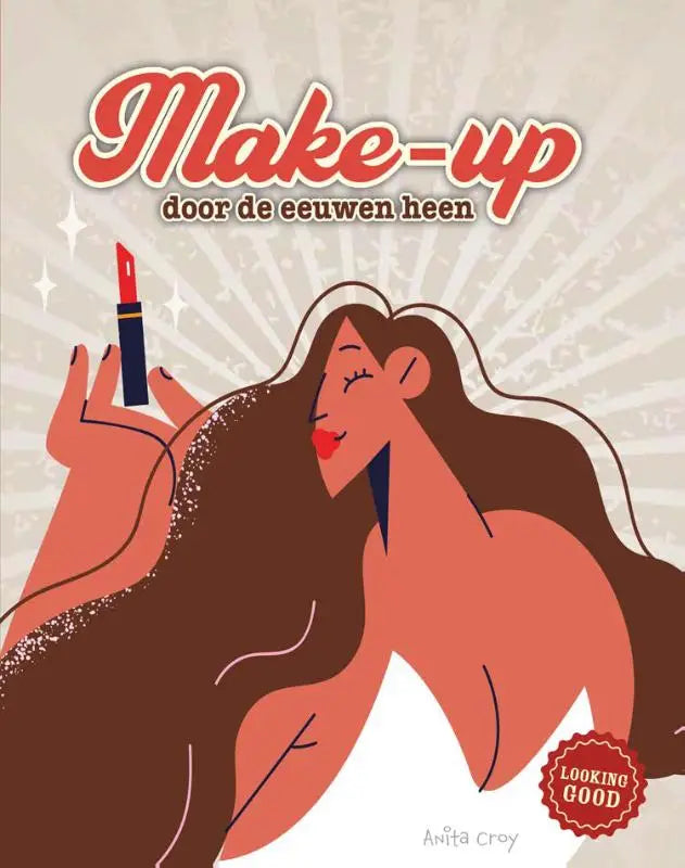 Een rode lippenstift in een zwart etui gehouden in een gestileerde illustratie over make-up door de eeuwen heen voor looking good
