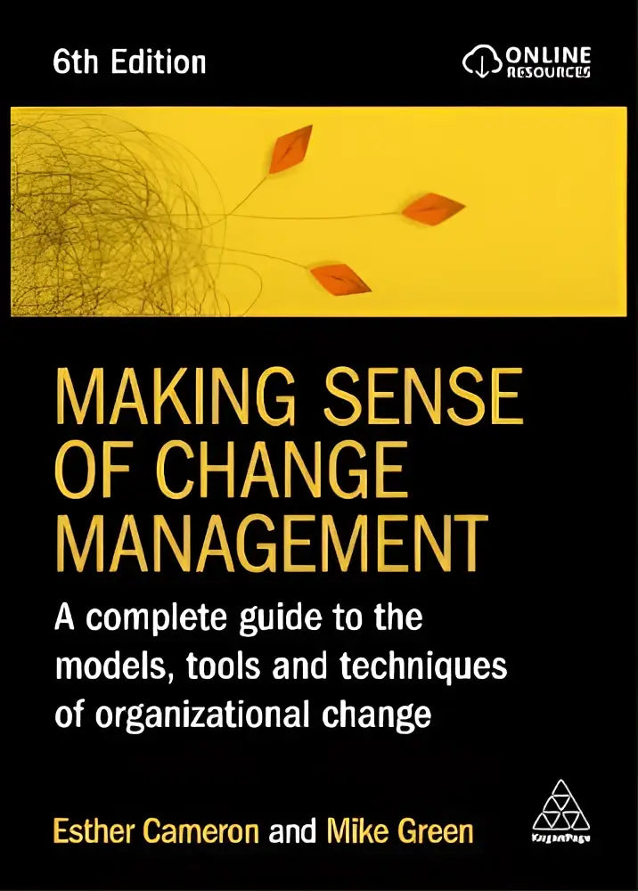 Zwarte hardback boek met gouden letters en geel abstract ontwerp over making sense van change management tools en technieken