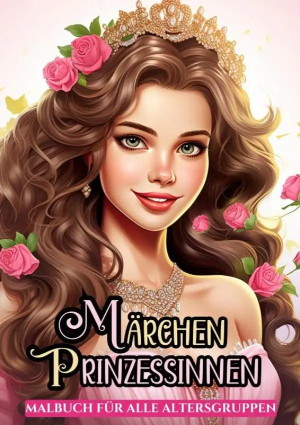Een gouden tiara met fijn kant en roze rozen in bruine krullen in een malbuch für stundenlange entspannung