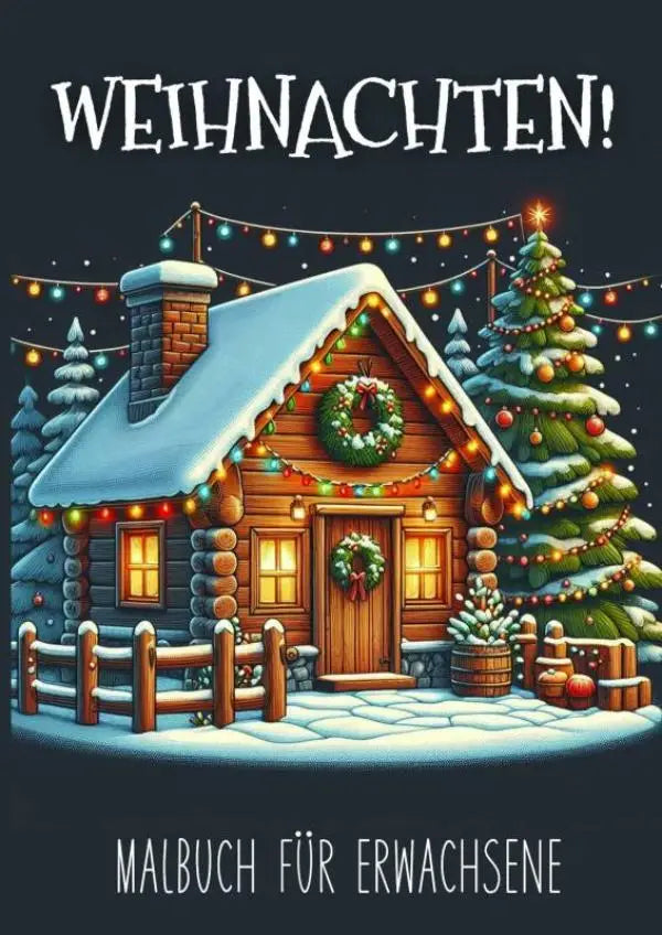 Cosy log cabin met sneeuw bedekt dak en kerstdecoraties perfect voor malvorlagen für stundenlange ontspanning