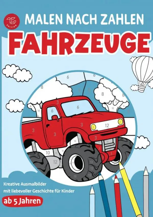 Rood monstertruck kleurboek met grote zwarte banden en gele koplampen tegen blauwe lucht voor kreative ausmalbilder