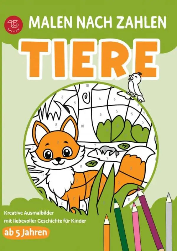 Illustratie van oranje-witte vos op groene kleurboekcover met genummerde secties en creatieve ausmalbilder für kinder