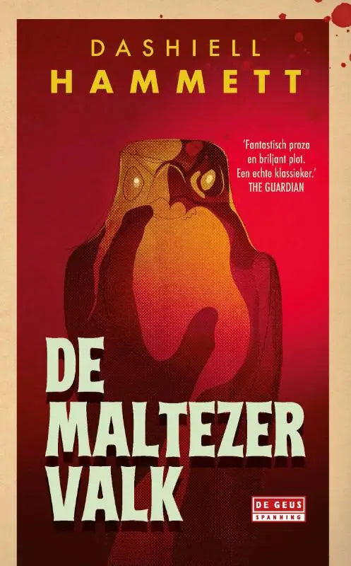 Rode boekomslag van de maltezer valk met gestileerde illustratie van een uil met gloeiende ogen en schaduwvleugels