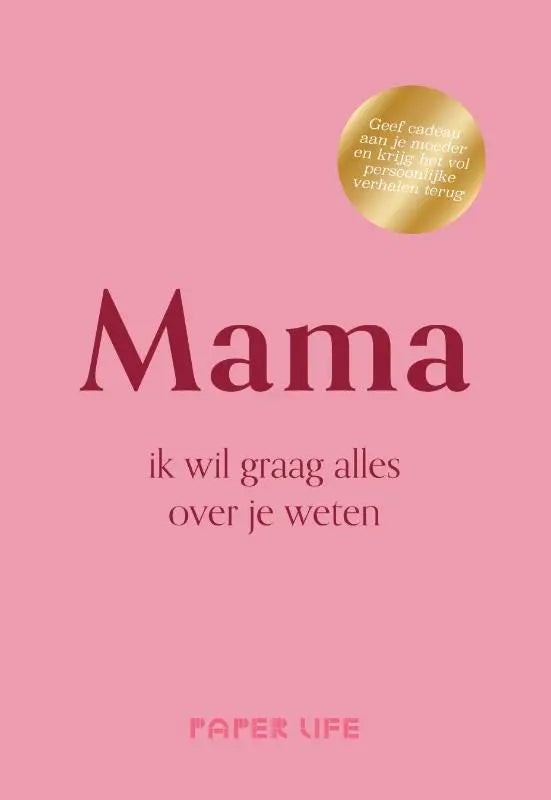Roze boek mama met maroon titel en gouden cirkelsticker geef cadeau en krijg persoonlijke verhalen terug