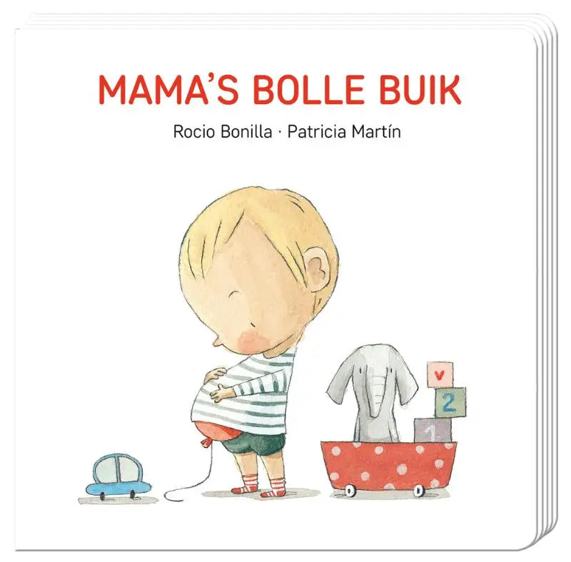Een zachte aquarelillustratie van een kind met een bolle buik naast speelgoed zoals een rode kar met blokken voor mama’s bolle buik