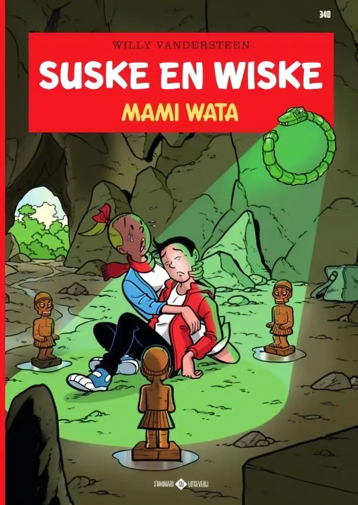 Groene kralenketting hangend in een gloeiende groene cirkel boven twee zittende kinderen in mami wata van luc morjaeu en willy vandersteen