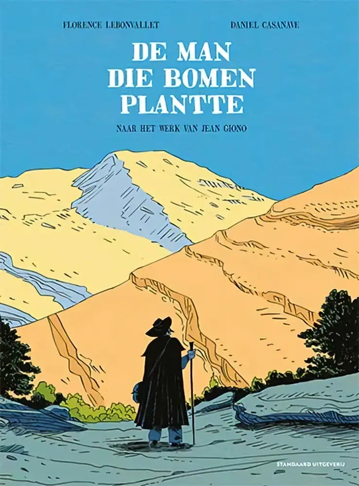 De man die bomen plantte boek met een figuur in een zwart kleed tegen gouden bergen door florence lebonvallet