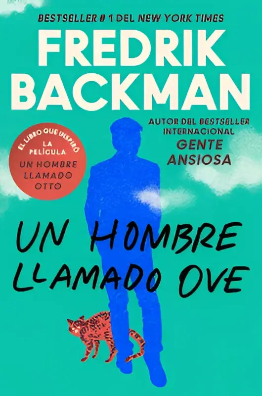 De boekcover van man called ove toont een blauwe silhouet van een man met een oranje badge en de titel hombre llamado ove