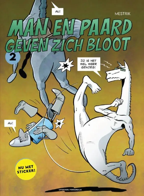 De cover van de strip man en paard geven zich bloot 2 door mestrik met twee antropomorfe paardenfiguren op gele achtergrond voor uitgeverij personalia strips algemeen