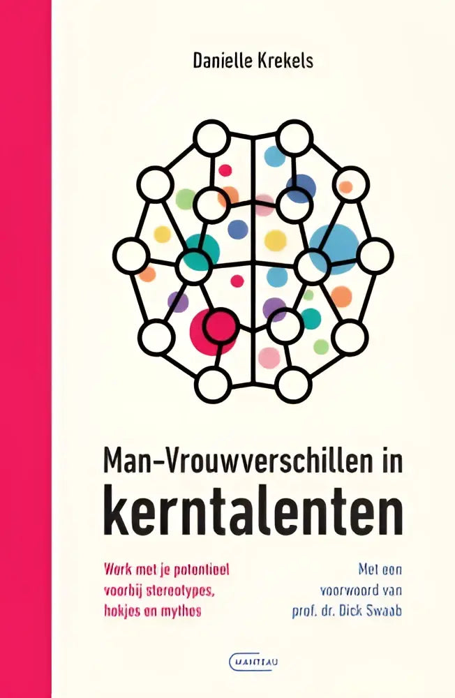 Het boek man-vrouwverschillen in kerntalenten van danielle krekels toont een geometrische hersenen met kleurrijke stippen