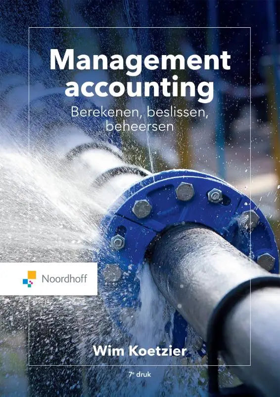 Blauwe geflensde pijpverbinding met metalen bouten en water spuitend uit de leiding in management accounting van wim koetzier