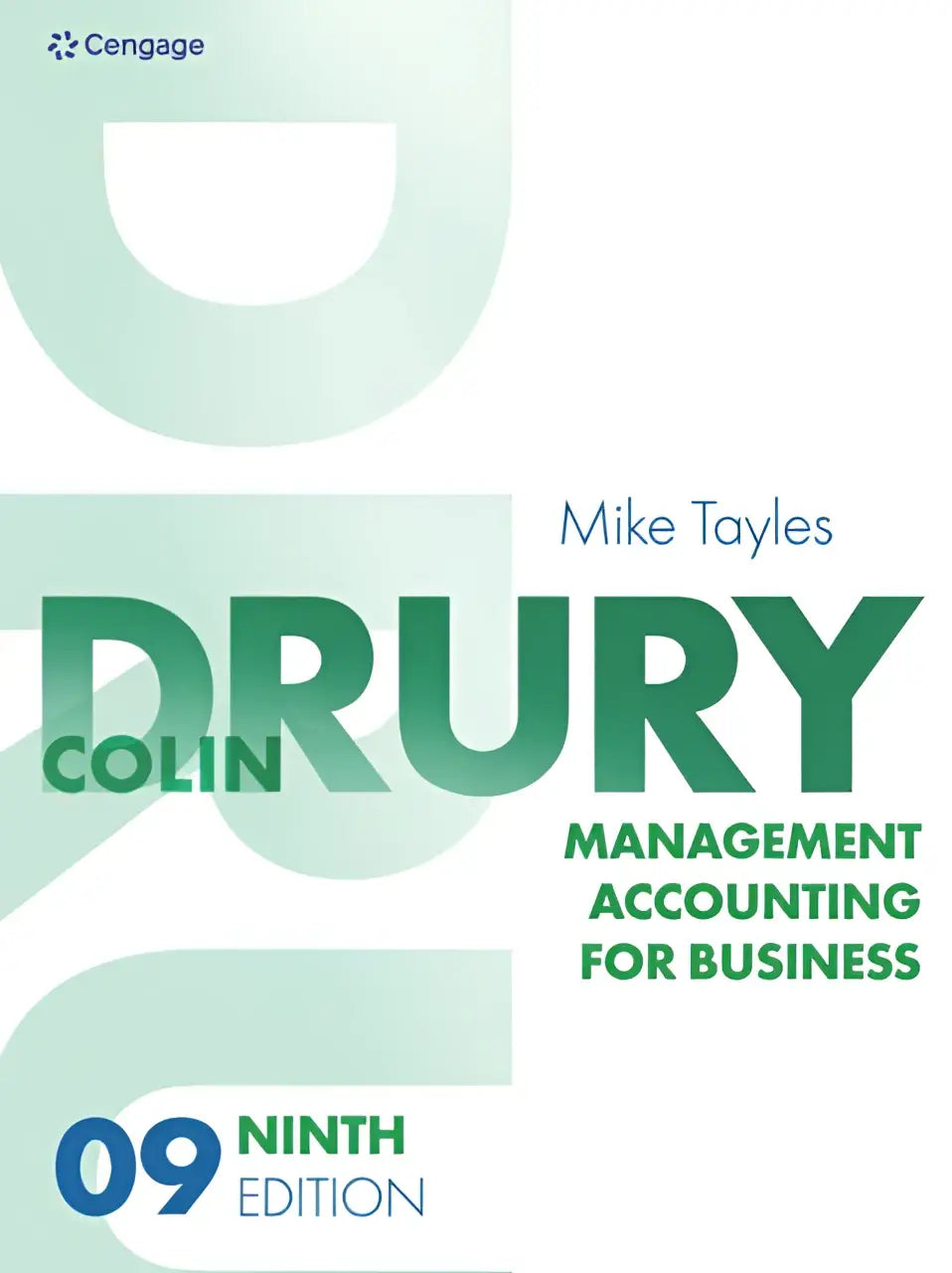 Groen-witte tekstboekcover voor drury en colin management accounting for business, negende editie, cengage-uitgave