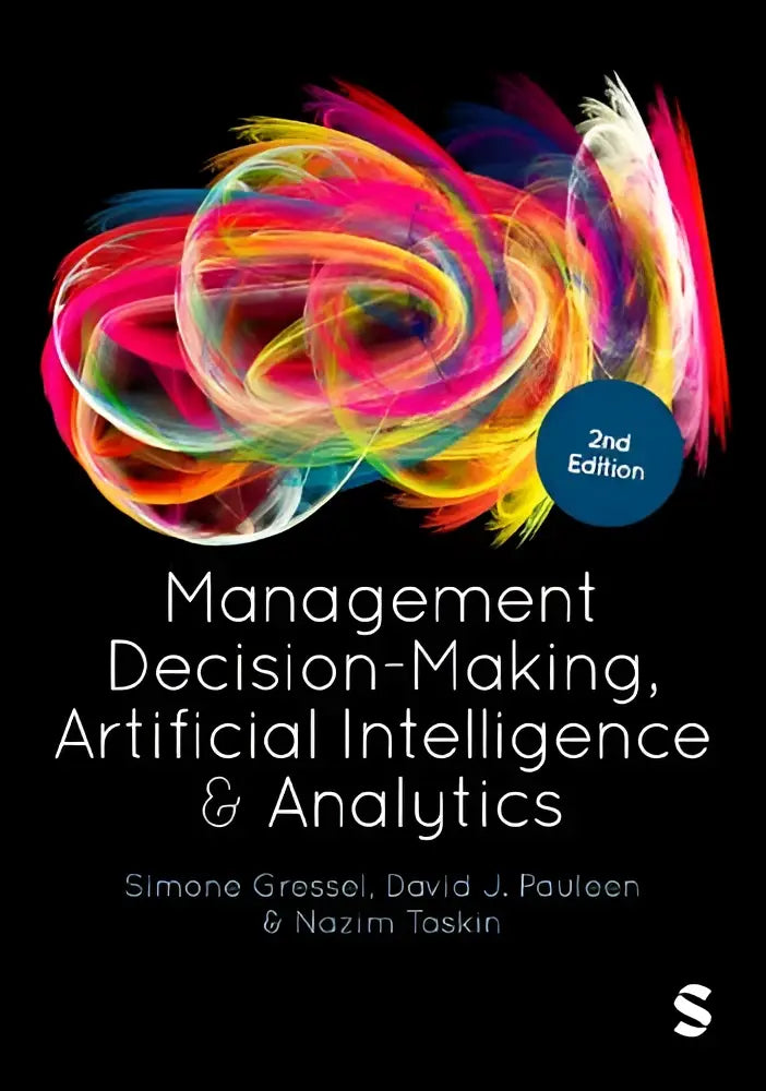 De boekcover van management decision-making toont een kleurrijk abstract ontwerp gericht op artificial intelligence en analytics