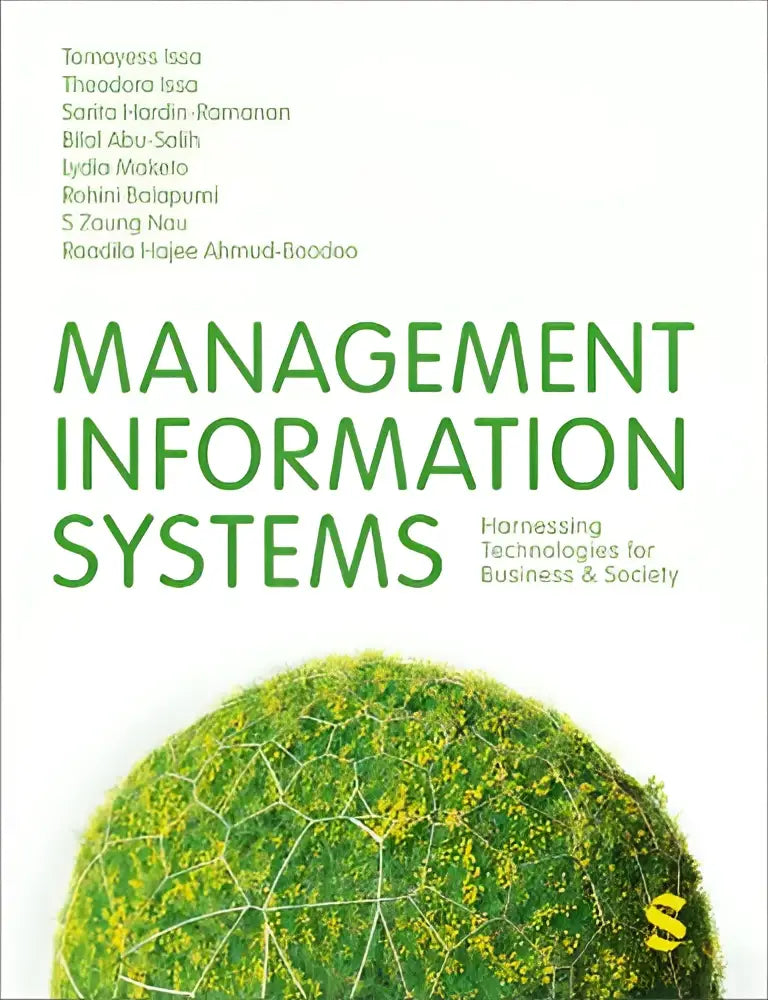 Groen omslagen studieboek management information systems met globe ontwerp over harnessing technologies for business & society