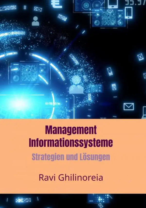 De boekcover van management informationssysteme strategien und lösungen door ravi ghilinoreia met futuristische blauwe holografische interface achtergrond