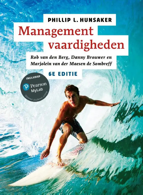 Boekcover van managementvaardigheden met surfer op turquoise golf en titel in rood en zwart voor hoger onderwijs bedrijfskunde pearson benelux